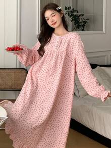 DAZY Sweet Allover Cherry Print Ruffle Trim Nightgown Pajama, Moo Moo Sleep Dress, Fall, Winter - Pink - View 6