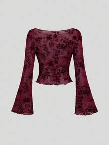 Sweetra Halloween Women's New Elegant & Fashionable Sexy Burgundy Mesh Leaf Flower Flocked Design Trumpet Sleeve Blouse, Spring/Autumn Fall Cloth For Women - Burgundy - View 2
