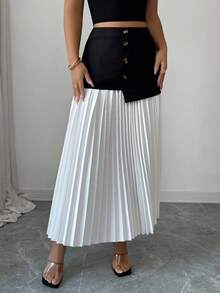 Elenzga Saia Elegante e Chique de Mulher com Contraste Preto e Branco, Plissada, Assimétrica e com Decoração de Botão
