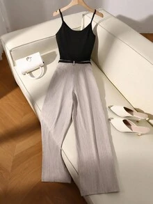 GlowEve 女士休闲通勤条纹阔腿裤 - 卡其色 - 查看 2