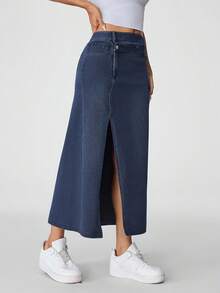 Flexra 女式不对称腰部开衩直筒休闲牛仔裙 - 藍色 - 查看 5