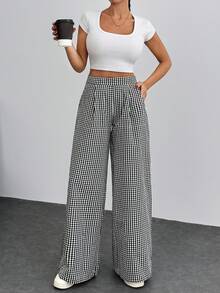 EURMUSE Pantalon casual à jambes larges avec imprimé à carreaux taille mi-haute pour femmes