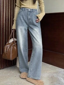 DAZY 宽松复古阔腿牛仔裤，秋冬季保暖内衬直筒及地长牛仔裤，女士保暖内衬 - 藍色 - 查看 3