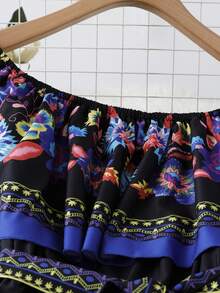 SHEIN LUNE Gaun Maxi Off Shoulder Motif Bunga untuk Liburan Wanita Ukuran Plus - Teal Blue - View 4