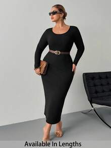 SHEIN PETITE CURVE Petite Plus Solid Scoop Neck Bodycon Dress - Black - View 9