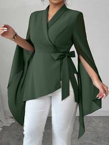 Elenzga Never Out Of Style: Gothic Prep With A Wednesday Twist. Embrace Your Inner Shadow Dark Feminine Fashion. Plus Size Cross V-Neck Tie Wrap Asymmetrical Chiffon Long Sleeve Design Asymmetrical Hem Bow Commuter Versatile French Elegant Black Blouse