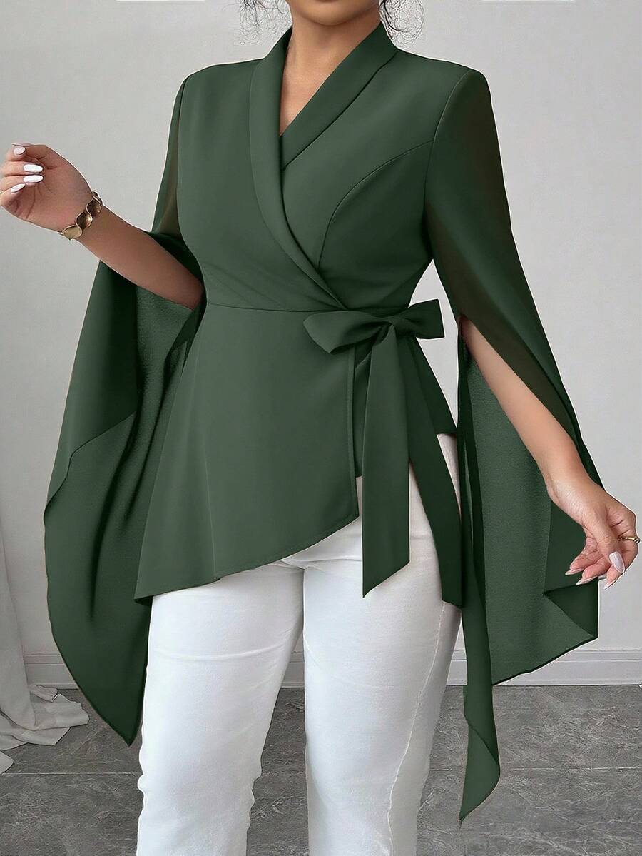 Elenzga Never Out Of Style: Gothic Prep With A Wednesday Twist. Embrace Your Inner Shadow Dark Feminine Fashion. Plus Size Cross V-Neck Tie Wrap Asymmetrical Chiffon Long Sleeve Design Asymmetrical Hem Bow Commuter Versatile French Elegant Black Blouse