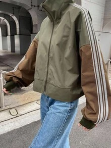 FRIFUL Women's Fall Contrast Side Stripe Casual Daily Loose Fit Long Sleeve Jacket,Back To School