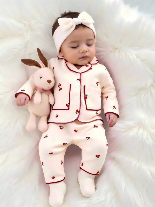 SHEIN Conjunto de top abierto y pantalones de bebé recién nacido niña con estampado de cerezas lindo y de dibujos animados, elegante y de moda