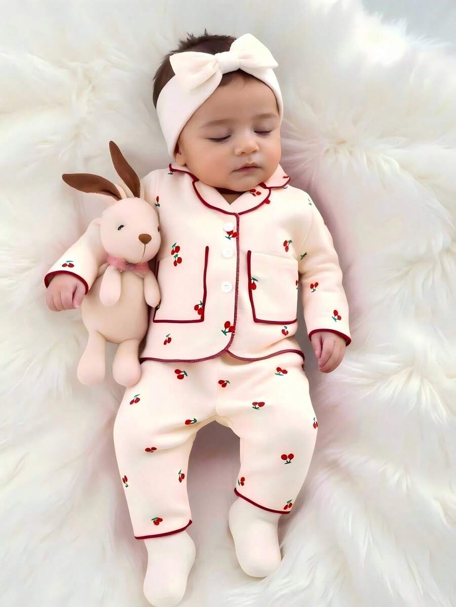 SHEIN 新生女婴卡通可爱樱桃领开襟上衣和裤子时尚优雅