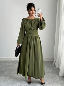 Elenzga Váy xếp ly màu trơn cổ điển thanh lịch cỡ lớn dành cho nữ, cổ tròn, eo chun, cài chéo phía trước, tay bồng, tay dài, dài đến đầu gối, màu xanh quân đội, thích hợp mặc đi làm, đi chơi, thường ngày, ngày lễ, tiệc tùng, thu đông - màu xanh lá - Xem 3