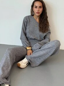 Aloruh 女士秋冬新款复古宽松灰色舒适针织毛衣和阔腿裤套装，休闲日常装 - 灰色 - 查看 2