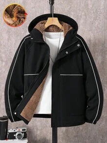 青少年男童休闲撞色镶边保暖内衬连帽外套，秋冬