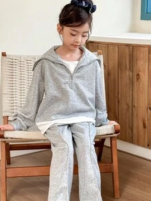 Genkimix Kids Set de 2 piezas: Sudadera con decoración de cuello marinero y bloques de color + Pantalones rectos lisos informales - Gris - Ver 3