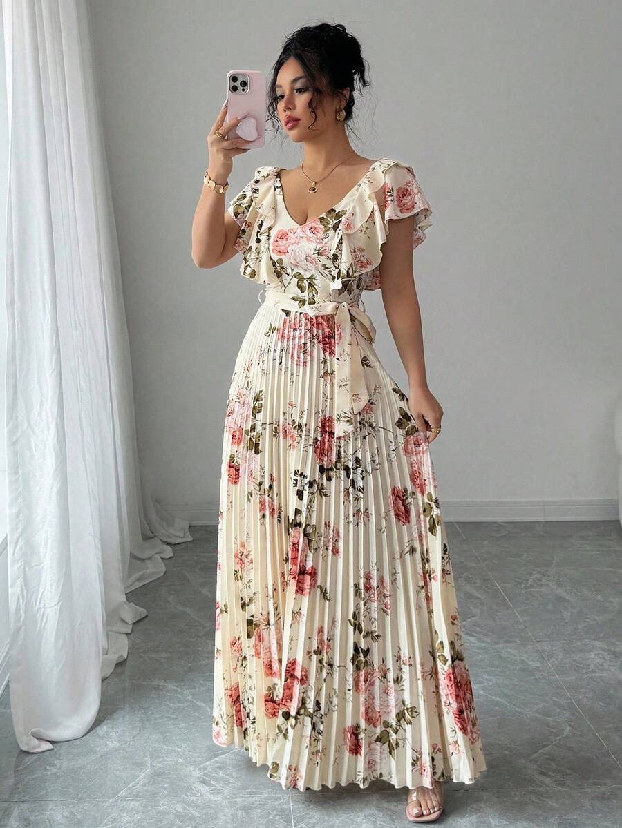 Elenzga V 领数码花卉印花度假荷叶边腰 A 字型优雅浪漫女式连衣裙 - 彩色 - 查看 1