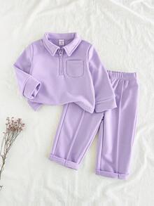 SHEIN Vintaside Kids 2 件女婴休闲长袖上衣 + 卡其色裤子套装，适合外出或居家休闲