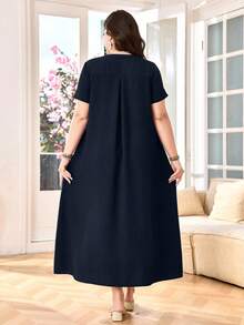 SHEIN Lacomfia 大码女式V领刺绣宽松休闲短袖衬衫裙 - 藏蓝色 - 查看 2