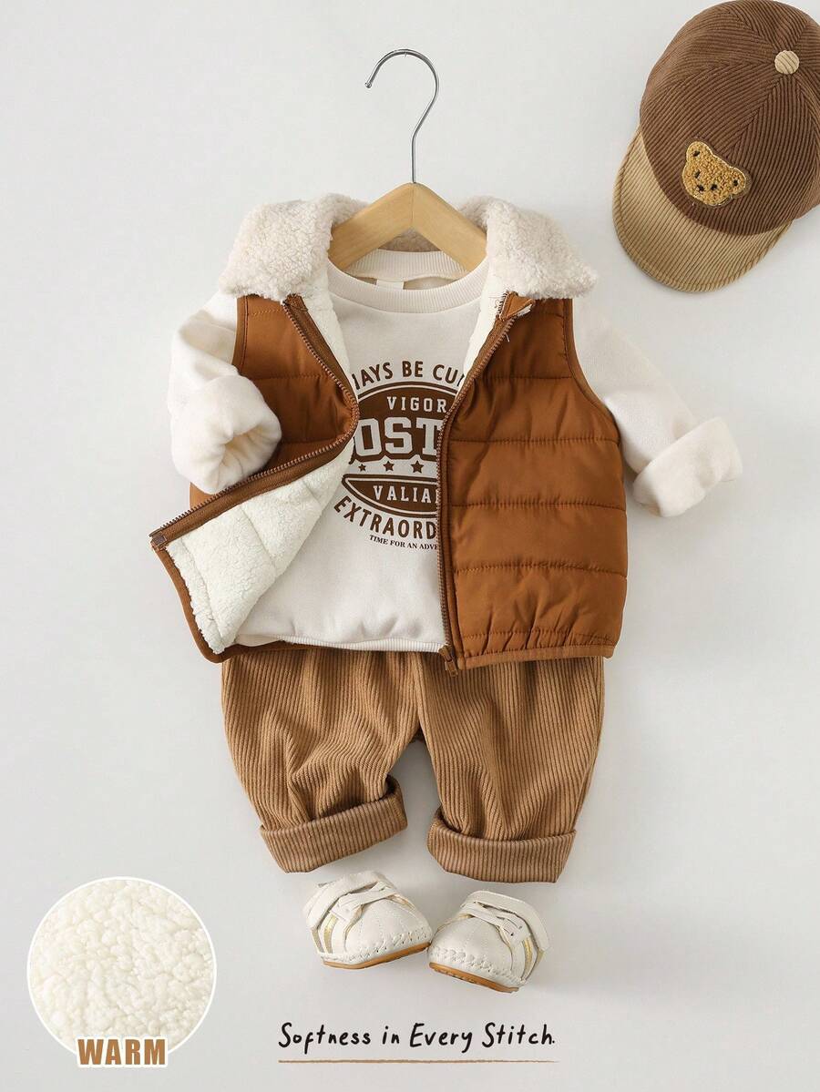 Cozy Pixies 3pcs Baby Boy Letter Print Knit Soft Crew Neck Long Sleeve Hoodie, Sleeveless Vest, Elastic Waist Pants Thick Thermal Lined Set, Suitable For Autumn/Winter Outings Fall