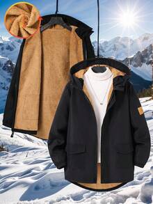 SHEIN Áo khoác dáng lửng có mũ, màu đen, dành cho bé trai tuổi teen, kiểu dáng thể thao thường ngày, có dải lông trang trí, lớp lót lông dày dặn. Thích hợp cho trẻ em đi học, dự tiệc sinh nhật, tiệc tối, biểu diễn, lễ khai mạc, mặc hàng ngày, đi học, chơi thể thao, thích hợp cho mùa thu và mùa đông. - màu đen - Xem 6