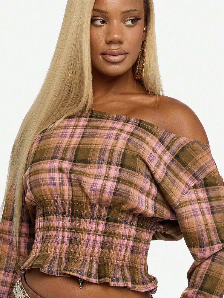 SUMWON Off-Shoulder Plaid Cinched Waist Crop Blouse With Long Sleeves For Autumn Styling
