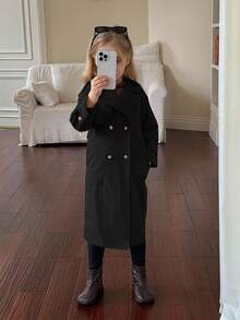 SHEIN Kleine Mädchen Locker geschnittene Jacke mit Doppelreiher-Kragen, Parka, Trenchcoat, im lässigen Militärstil, geeignet für Pendeln und Outdoor-Outfit, Frühling/Sommer/Herbst/Winter, Y2K-Stil für metallic Jacke, Y2K-Jacke, silberne Jacke, für Halloween, Mutter & Schwester & Ich Partnerlook, Herbst - Schwarz - Übersicht 4