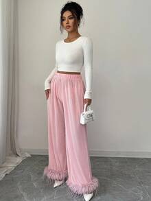 Selianne Women's Elegant Elastic Waist Patchwork Wide Leg Pants - Pink - View 5