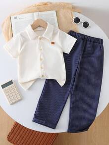 SHEIN Vintaside Kids 4-7 岁男童春秋衬衫套装，米色和棕色领扣长袖开衫上衣和条纹裤套装，返校校服，四季皆宜 - 藏蓝色 - 查看 3