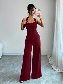 Elenzga 女士优雅波浪形露背阔腿连体裤，适合通勤、约会和度假 - 酒紅色 - 查看 7