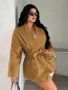 SHEIN SXY Elegant Casual Overcoat With Belt, Autumn/Winter, Brown - Khaki - View 7