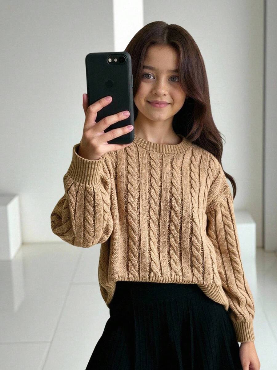 SHEIN Tween Girl 休闲纯色落肩宽松纹理针织短款毛衣,秋冬套头衫,麻灰色毛衣 - 卡其色 - 查看 1
