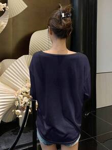 DAZY Kaos Longgar Model Bahu Jatuh Polos untuk Musim Semi & Musim Panas, Atasan Preppy Lengan Panjang Wanita, Penutup untuk Pakaian Renang - Navy Blue - View 5