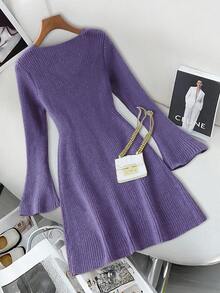 Modelyn 秋冬女士花卉V领休闲毛衣裙 - 紫色 - 查看 4