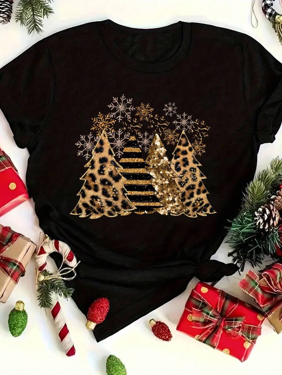 EMERY ROSE 圣诞节T恤，圣诞树T恤，女士圣诞T恤，适合春夏季，女装 - 黑色 - 查看 1