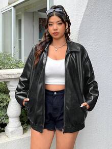 SHEIN EZwear Plus Size Distressed PU Leather Loose Fit Jacket, For Winter Fall Autumn