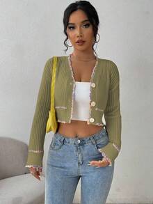 EMERY ROSE Women's Elegant Single-Breasted Drop Shoulder Long Sleeve Cropped Knit Cardigan, Autumn - Olive Green - View 3