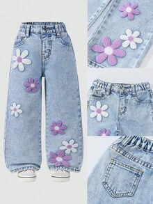 Young Girl Y2k Vintage Deep Blue Washed 3d Purple Snow Flower Jeans With Fringe Hem, School, Campus, College Summer Holiday Girls' Bell-Bottom Jeans, Fashionable Children's Pants, Vintage Washed Slim Fit Denim Trousers For Girls, All Season Flare Leg Jeans Outfit Ripped JeansYoung Girl Fashion Snow Flower Washed Floral Embroidered Wide Leg Jeans Flower Jeans Daisy Jeans Embroidered Jeans Kawaii Jeans Fall Winter 90s Kids Outfit Purple Outfits For Girls