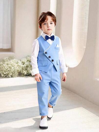 SHEIN 2pcs Gentleman Style Set For Young Boys, Single-Breasted V-Neck Waistcoat And Pants, Suitable For Pairing With White Or Dark Dress Shirt, Ideal For Birthday Party, Formal Occasion, Wedding, Baptism, Back To School, Vacation, Holiday