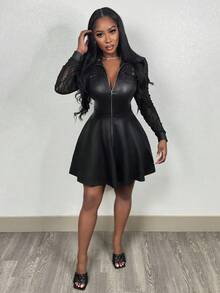 Slaydiva Elegant Black Front Zipper Lace Patchwork PU A-Line Long Sleeve Dress,Graduation Dress - Black - View 5