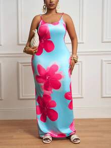 Slaydiva 大码女式无袖花卉印花修身夏装 - 藍色 - 查看 5