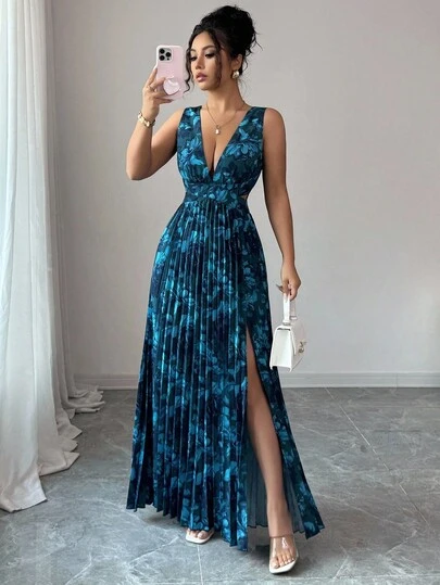 Elenzga Sleeveless V-Neck Waist Hollow Out A-Line Pleated Floral Elegant Romantic Women Dress