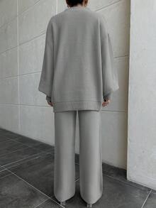 EURMUSE Women Drop Shoulder Button Front Cardigan And Sweater Pant 2 Pieces Outfit Set Co-Ords - Grey - View 2