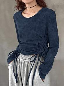 FRIFUL Áo thun dài tay cổ điển thường ngày dành cho nữ, mùa thu - Màu xanh hải quân - Xem 3