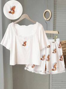 SHEIN MOOSTA 大码女式泰迪熊印花拼接蕾丝短袖T恤上衣和短裤两件套，夏季休闲装 - 米色 - 查看 1