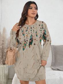 EMERY ROSE Vintage Gold Feather Print Casual Minimalist Plus Size Sweatshirt, Suitable For Parties, Fall/Winter - Multicolor - View 4