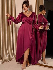 Cravure Váy maxi xếp ly dài tay màu đỏ rượu vang sang trọng, thanh lịch cỡ lớn - Màu Đỏ Sâu - Xem 1