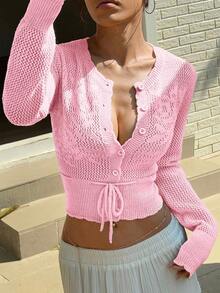 SHEIN Unity Women's Floral Pattern Hollow Out Knit Button-Up Cardigan - Baby Pink - View 4