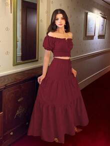Elenzga New Women's Off Shoulder Puff Sleeve Front Tie Bow Waist Gathered A-Line Skirt, Vacation Casual Fashion Young Daily Versatile Flattering Elegant 2 Pieces Set - Burgundy - View 5