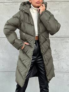 EURMUSE Women's Solid Color Zip-Up Hooded Cotton Padded Coat, Winter - Hijau Tentara - View 5