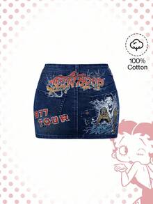 Betty Boop | ROMWE Y2K 100% 纯棉复古卡通人物和老虎印花紧身迷你牛仔裙 - 藍色 - 查看 2