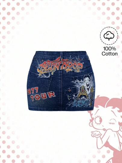 Betty Boop | ROMWE Y2K 100% Cotton Vintage Cartoon Figure And Tiger Print Bodycon Mini Denim Skirt